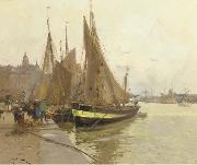 Eugene Galien-Laloue A bustling quayside oil